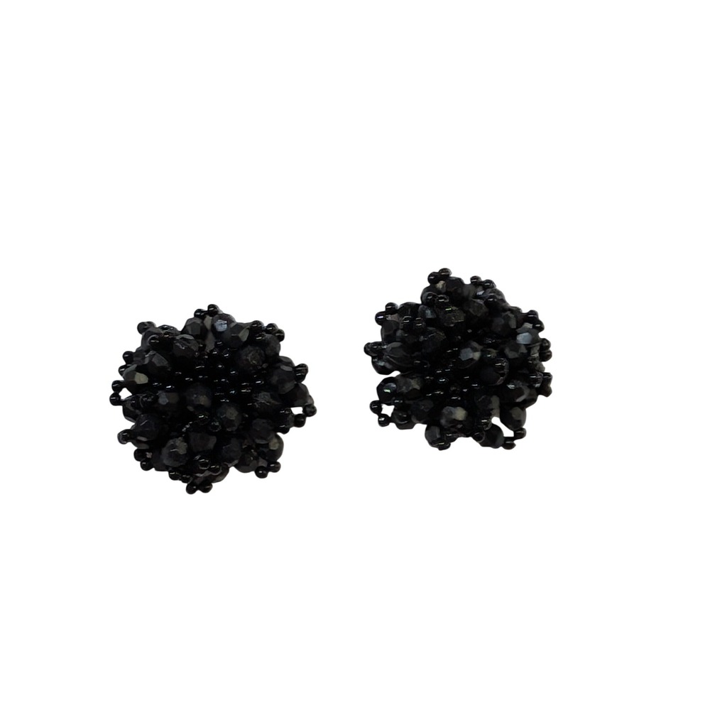 Vintage Black Beaded Cluster Clip On Earrings Mid Century Round Faceted Jewelry